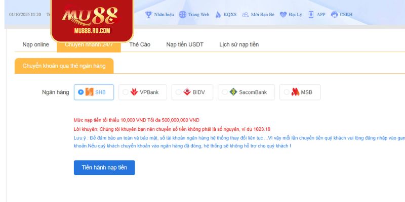 Nạp tiền MU88 qua ngân hàng như thế nào?